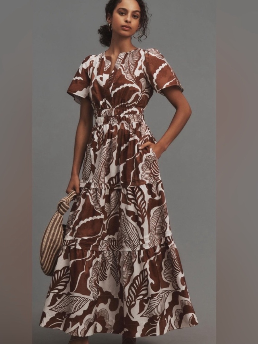 Anthropologie Brown and White Maxi Dress with Leaf Print